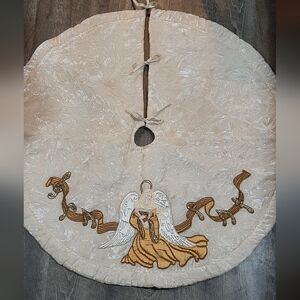 Vintage Christmas Tree Skirt Crushed Velvet Gold Angel Music Notes Beaded Lined